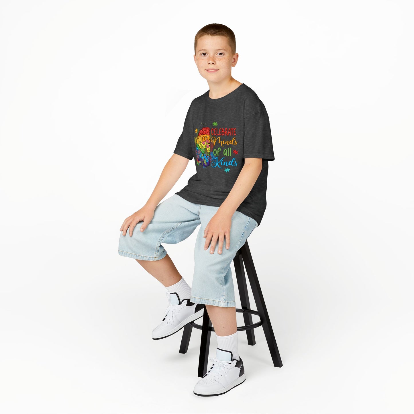 Kids T-Shirt - "Celebrate Minds of All Kinds" Autism Awareness Rainbow Puzzle Tee