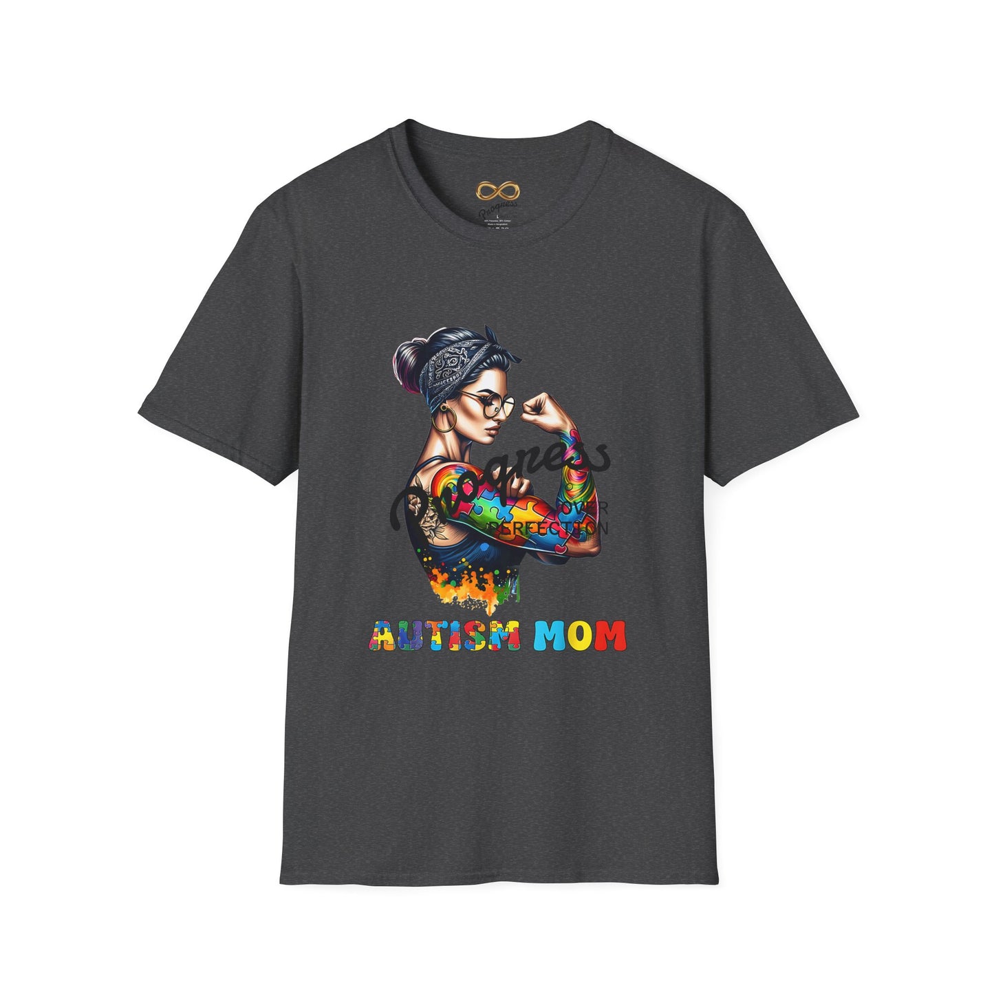 Adult Autism Mom Tattooed Rosie T-Shirt — Colorful Puzzle Piece Pride Tee for Mothers