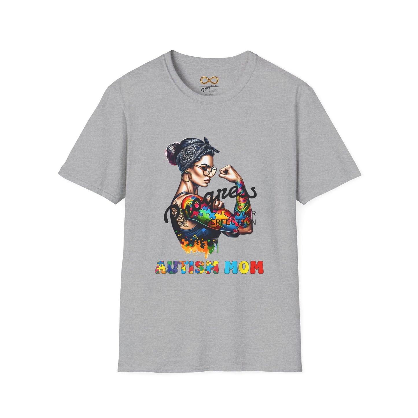 Adult Autism Mom Tattooed Rosie T-Shirt — Colorful Puzzle Piece Pride Tee for Mothers