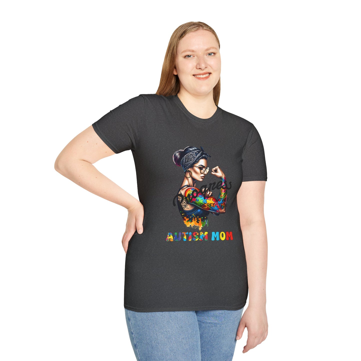 Adult Autism Mom Tattooed Rosie T-Shirt — Colorful Puzzle Piece Pride Tee for Mothers