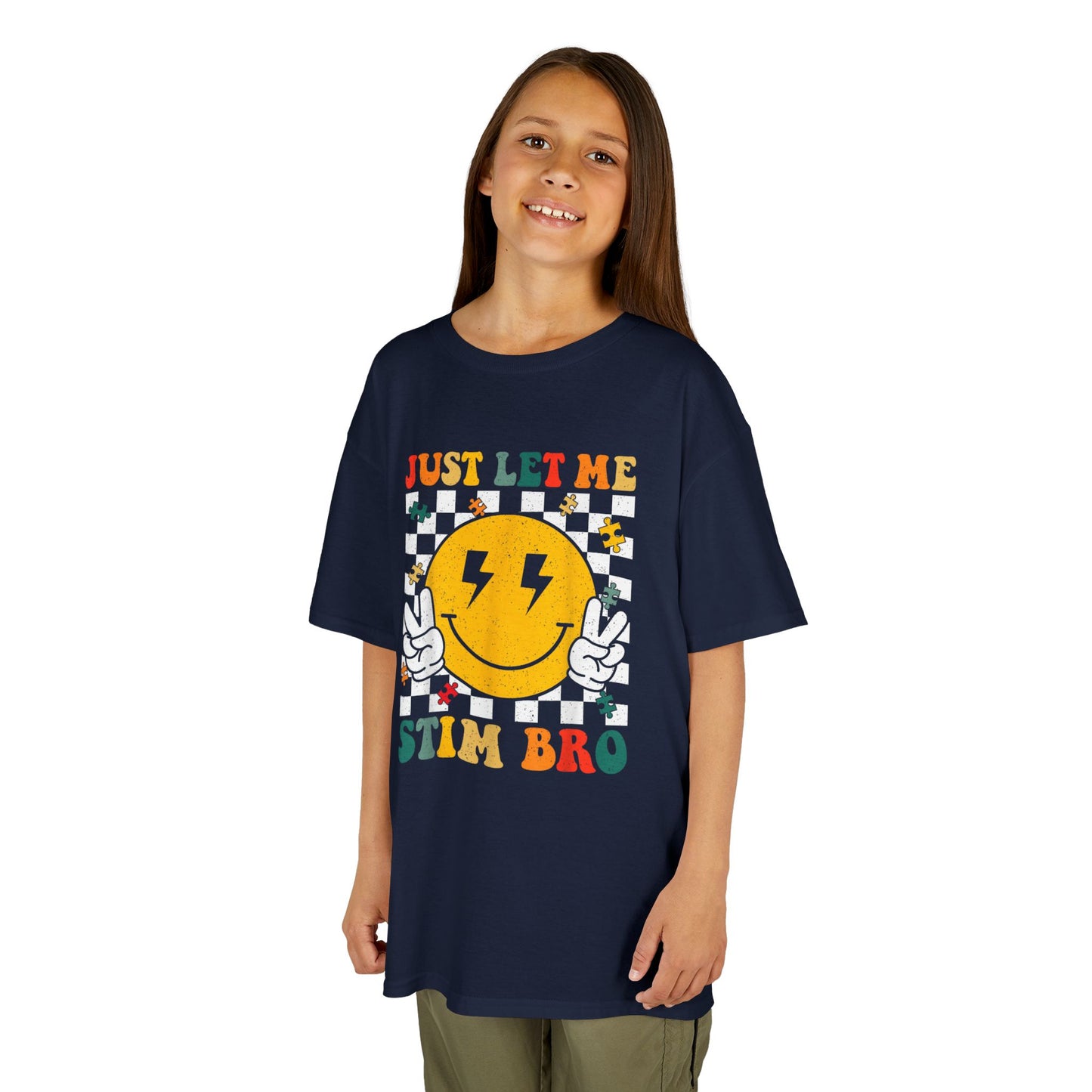 Kids Tee - "Just Let Me Stim Bro" Smiley Checkerboard Sensory Shirt