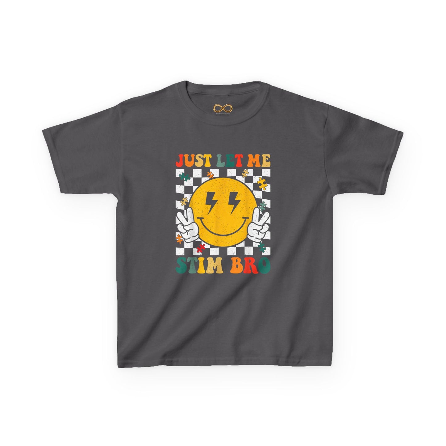 Kids Tee - "Just Let Me Stim Bro" Smiley Checkerboard Sensory Shirt