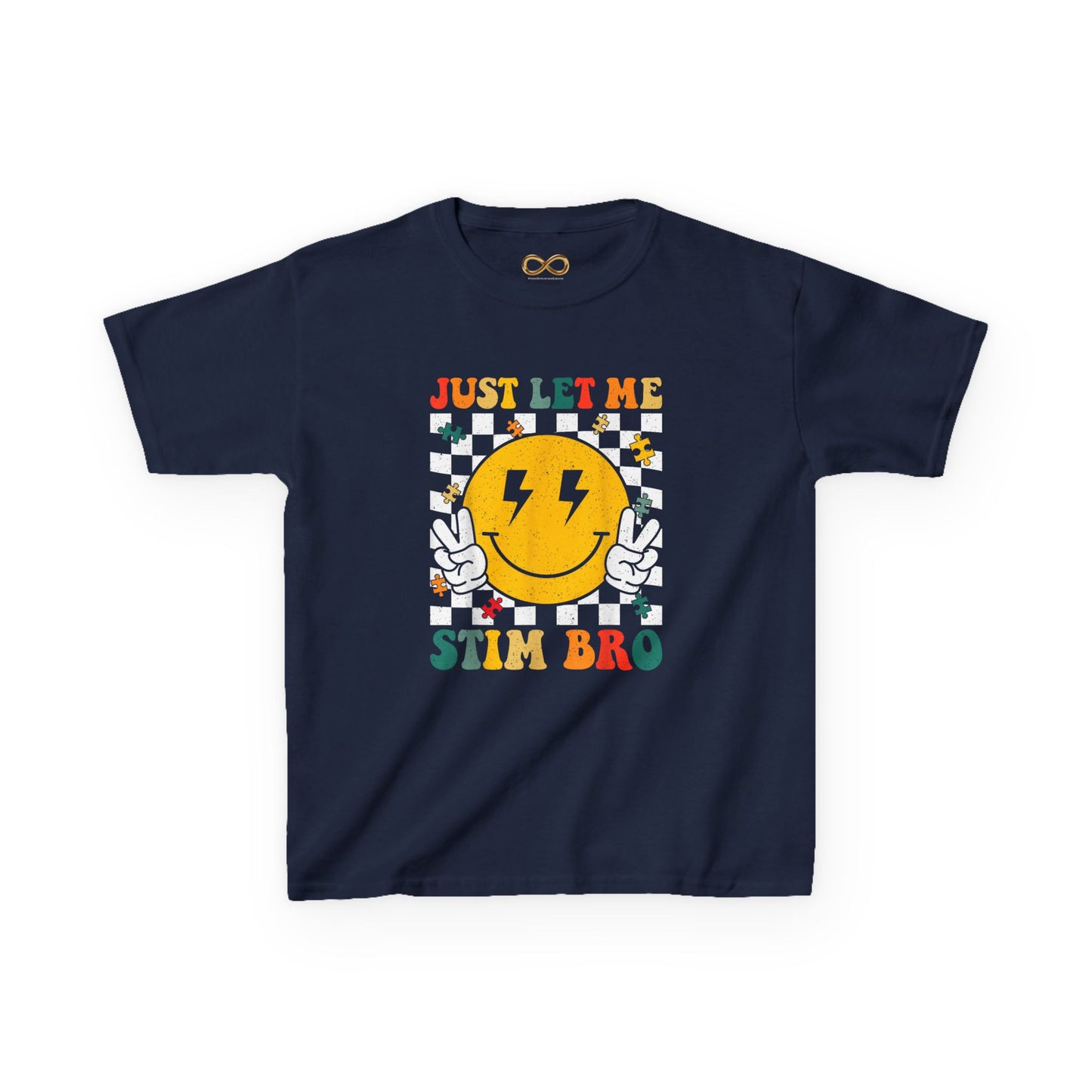 Kids Tee - "Just Let Me Stim Bro" Smiley Checkerboard Sensory Shirt