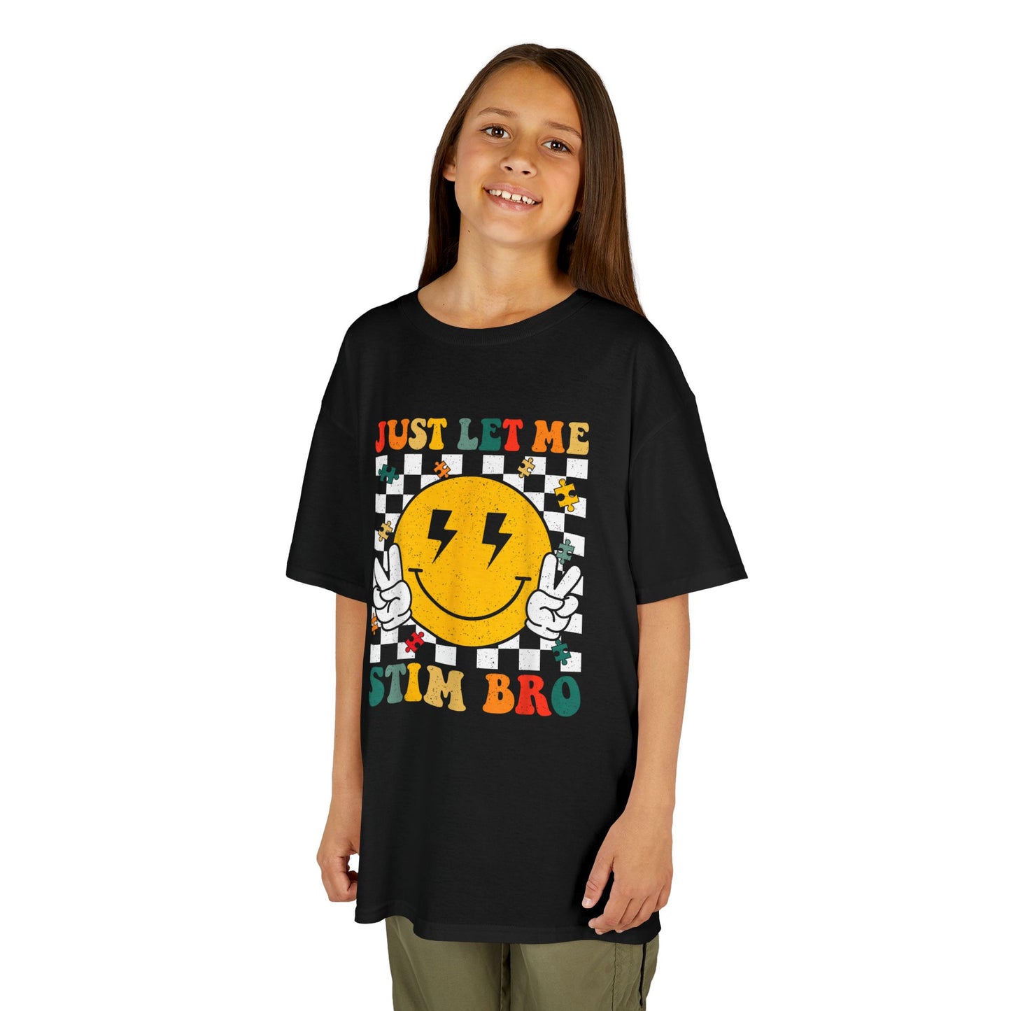 Kids Tee - "Just Let Me Stim Bro" Smiley Checkerboard Sensory Shirt