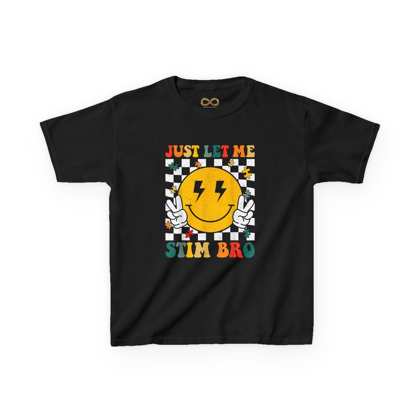 Kids Tee - "Just Let Me Stim Bro" Smiley Checkerboard Sensory Shirt