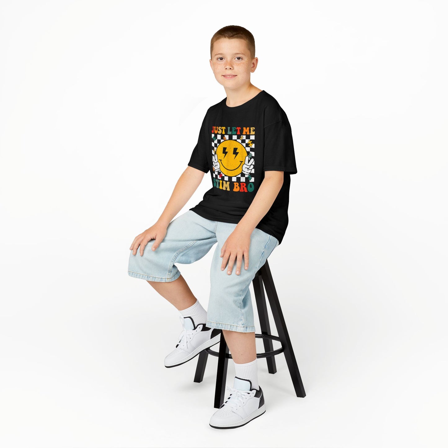 Kids Tee - "Just Let Me Stim Bro" Smiley Checkerboard Sensory Shirt
