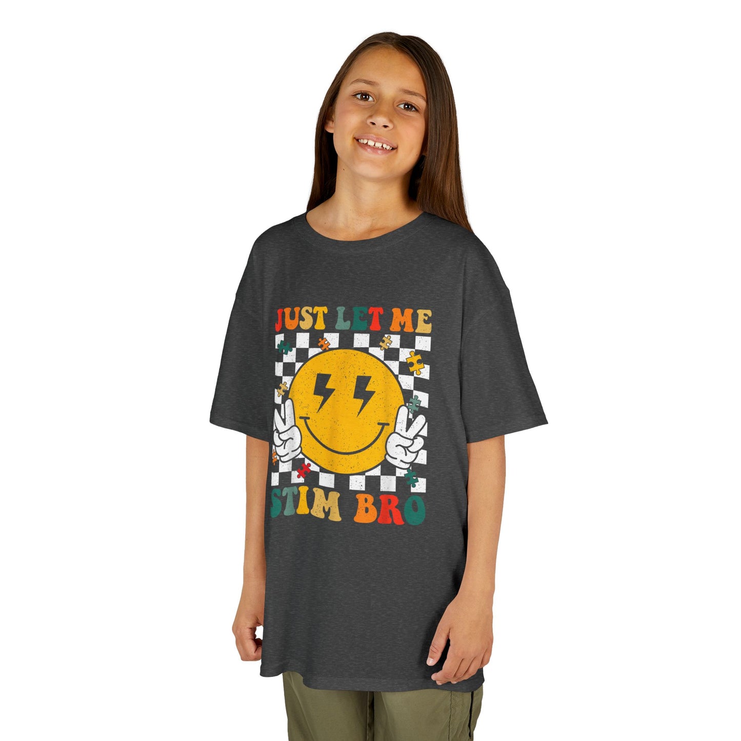 Kids Tee - "Just Let Me Stim Bro" Smiley Checkerboard Sensory Shirt