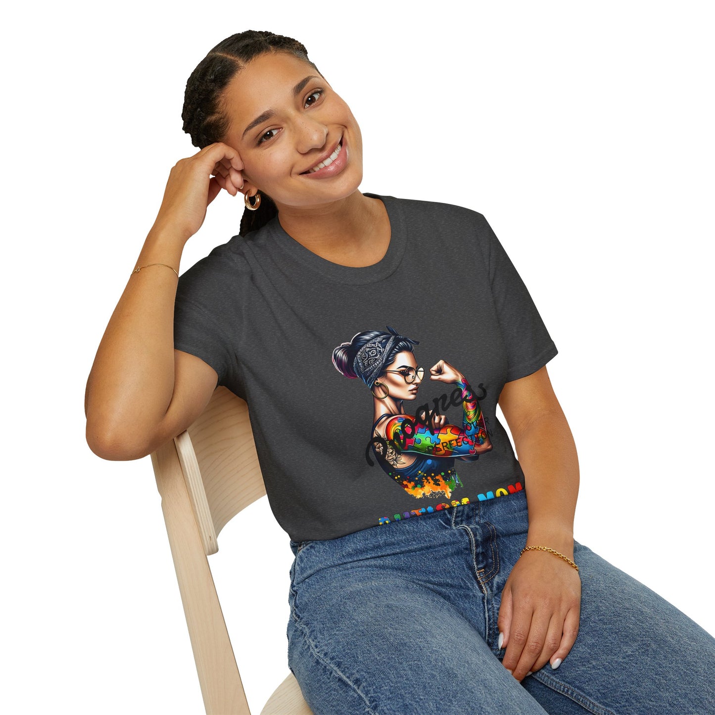 Adult Autism Mom Tattooed Rosie T-Shirt — Colorful Puzzle Piece Pride Tee for Mothers