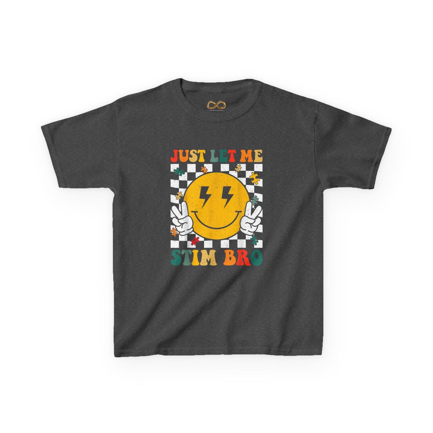 Kids Tee - "Just Let Me Stim Bro" Smiley Checkerboard Sensory Shirt